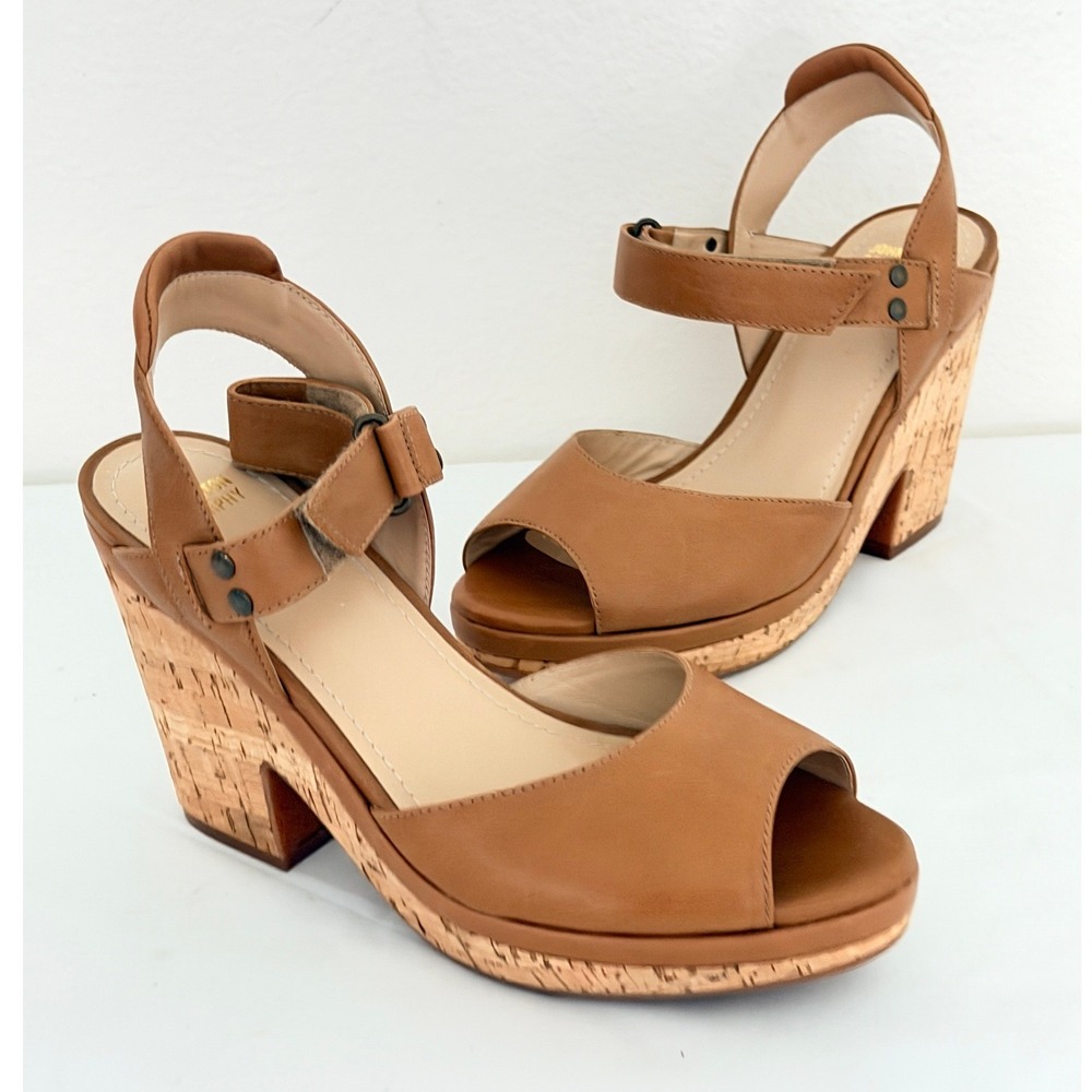 Johnston & Murphy Wedge Sandals Sz 7 Tan Leather Cork Platform Peep Toe Boho